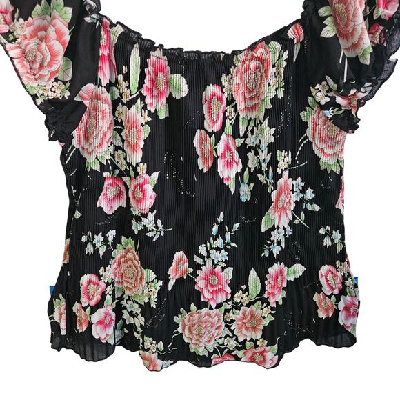 Rene Margo M Ruffle Trim Flounce Blouse Black Rib Floral Rosette Dark Fairycore - Picture 3 of 5